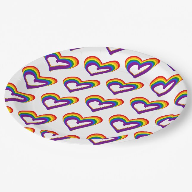 LGBT Gay Pride Love Rainbow Flag Heart LGBTQ Party Paper Plates (Angled)