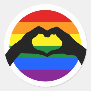 Lgbt Gay Pride Rainbow And Heart Hand Silhouette Classic Round Sticker by Neurotic_Designs at Zazzle