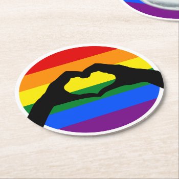 Lgbt Gay Pride Rainbow And Heart Hand Silhouette Round Paper Coaster by Neurotic_Designs at Zazzle