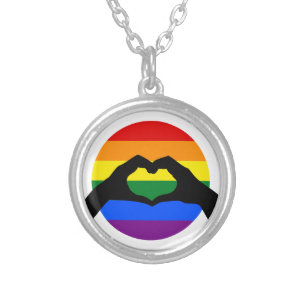 LGBT Gay Pride Rainbow and Heart Hand Silhouette Silver Plated Necklace