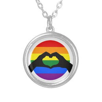 Lgbt Gay Pride Rainbow And Heart Hand Silhouette Silver Plated Necklace by Neurotic_Designs at Zazzle