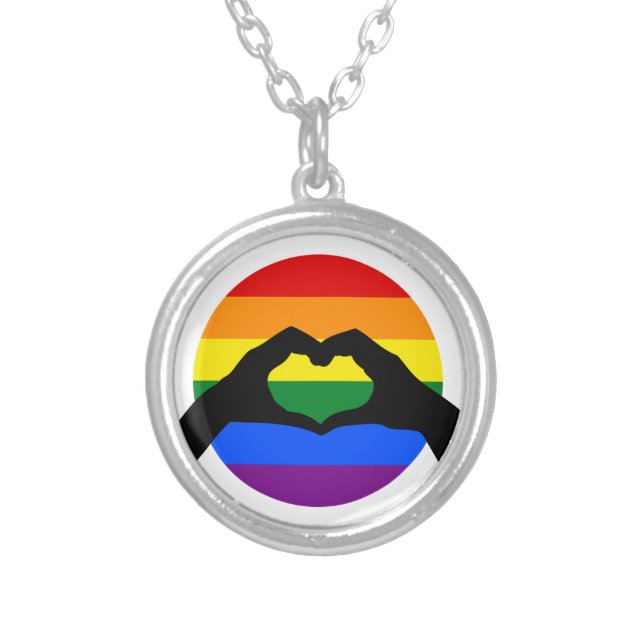 LGBT Gay Pride Rainbow and Heart Hand Silhouette Silver Plated Necklace (Front)