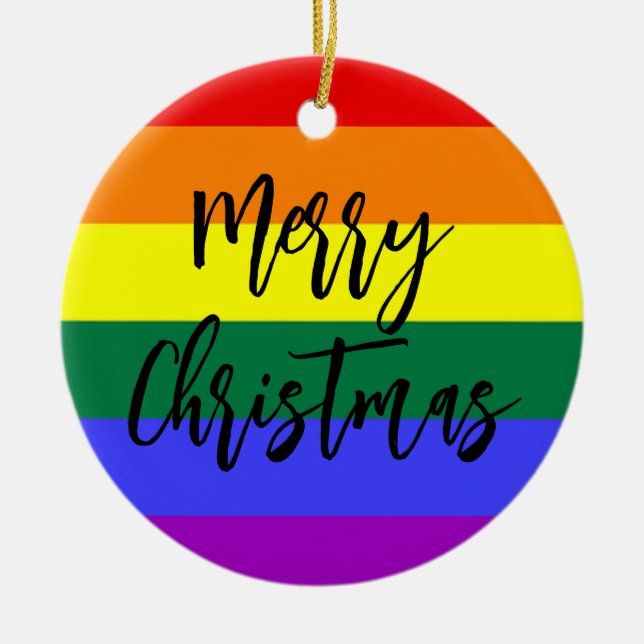 LGBT Gay Pride Rainbow Custom Photo Christmas Ceramic Ornament (Front)