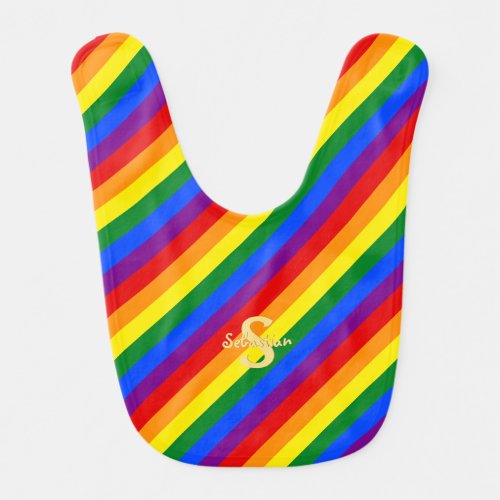 LGBT Gay Pride Rainbow Flag Colors Gold Monogram Baby Bib