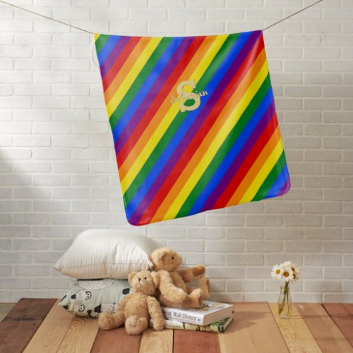 LGBT Gay Pride Rainbow Flag Colors Gold Monogram Baby Blanket