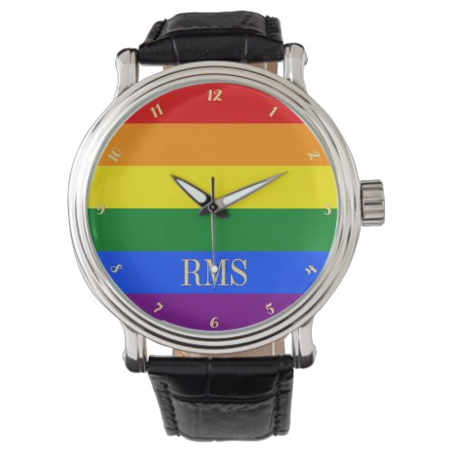 LGBT Gay Pride Rainbow Flag Colors Gold Monogram Watch