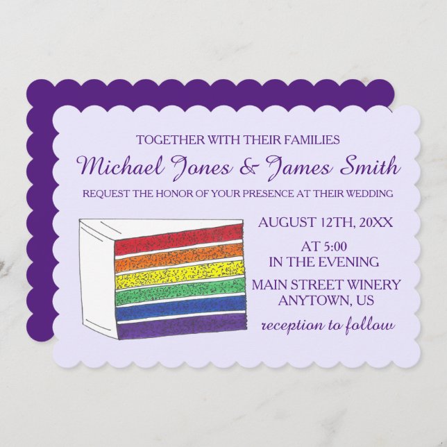 LGBT Gay Pride Rainbow Layer Wedding Cake Slice Invitation (Front/Back)