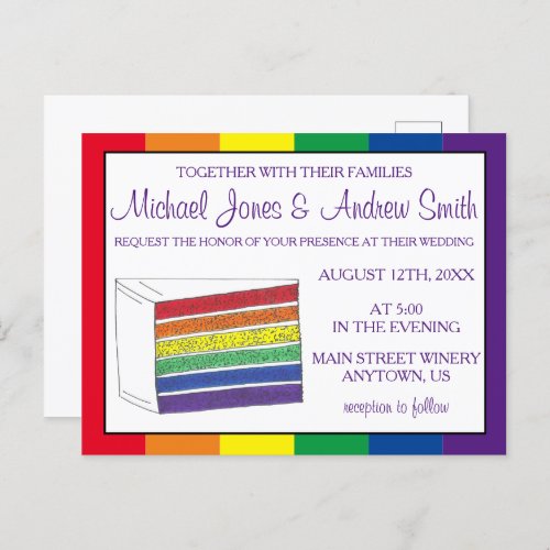 LGBT Gay Pride Rainbow Layer Wedding Cake Slice Invitation Postcard