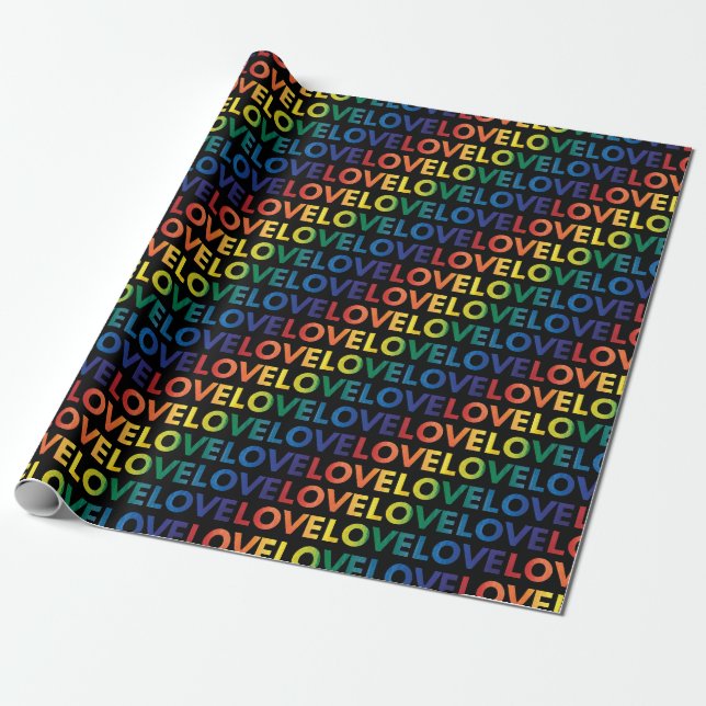 LGBT | Gay Pride | Rainbow Love On Black Wrapping Paper (Unrolled)
