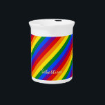 LGBT Gay Pride Rainbow Stripes Colorful Flag LGBTQ Beverage Pitcher<br><div class="desc">Beautiful, vibrant, LGBT gay pride rainbow flag colors, colorful geometric stripes pattern, custom, personalized, modern, cool, stylish, classy elegant faux gold script / typography / font, monogrammed, 100% white porcelain, dishwasher safe, microwave safe, beverages pitcher. Simply type in your name / kids name / family name / company name, to...</div>