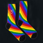 LGBT Gay Pride Rainbow Stripes Colorful Flag LGBTQ Socks<br><div class="desc">Beautiful, vibrant, LGBT gay pride rainbow flag colors, colorful geometric stripes pattern, custom, personalized, beautiful elegant faux gold typography script monogram / initials, monogrammed, true one size fits all, super soft, stretchy, made from recycled plastic bottles, sustainable premium polyester crew socks with a reinforced toe and heel. To customize, simply...</div>