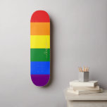 LGBT Gay Pride Rainbow Stripes Flag LGBTQ Monogram Skateboard<br><div class="desc">Beautiful, vibrant, LGBT gay pride rainbow flag colors, colorful geometric stripes pattern, custom, personalized, classy elegant faux gold script / typography / font, modern, cool, stylish, best quality hard-rock maple competition shaped skateboard deck. To customize, simply type in your name / monogram / initials. While you add / design, you'll...</div>
