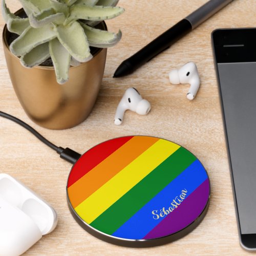 LGBT Gay Pride Rainbow Stripes Flag LGBTQ Monogram Wireless Charger