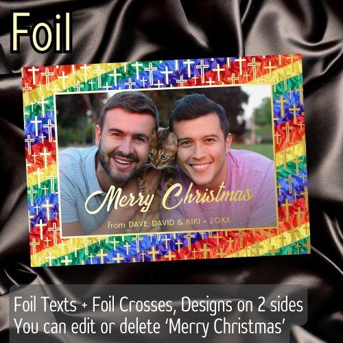 LGBT Gay rainbow flag cross Christmas custom photo Foil Holiday Card