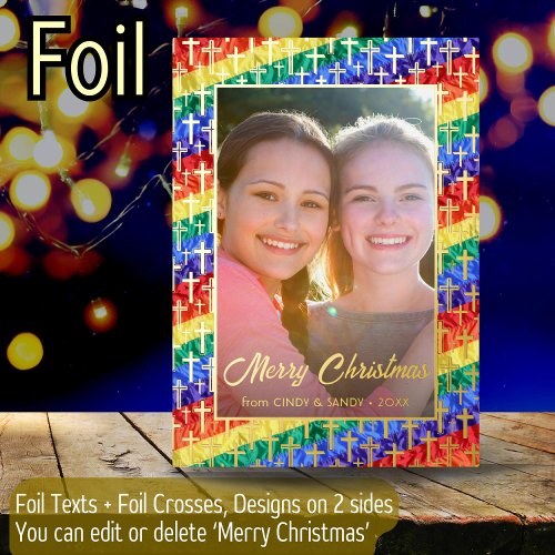 LGBT Gay rainbow flag cross custom phot Christmas Foil Holiday Card
