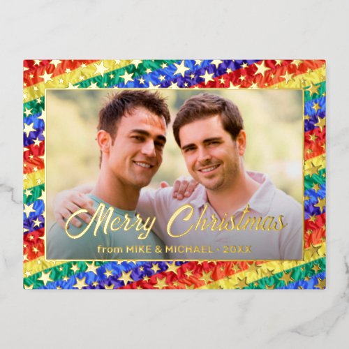 LGBT gay rainbow flag star custom photo Christmas  Foil Holiday Postcard