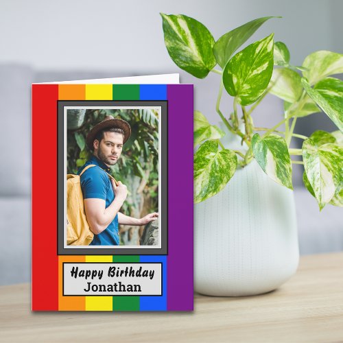 LGBT Gay Rainbow Flag with Photo  Name Birthday Card