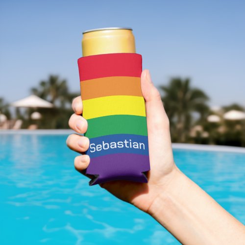 LGBT Gay Rainbow Pride Flag Personalized Seltzer Can Cooler