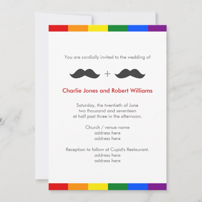 LGBT Gay Wedding Mustaches Rainbow Invitation (Front)