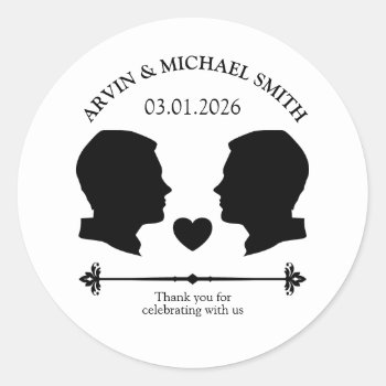 Lgbt Gay Wedding Two Grooms Classic Round Sticker by thepapershoppe at Zazzle