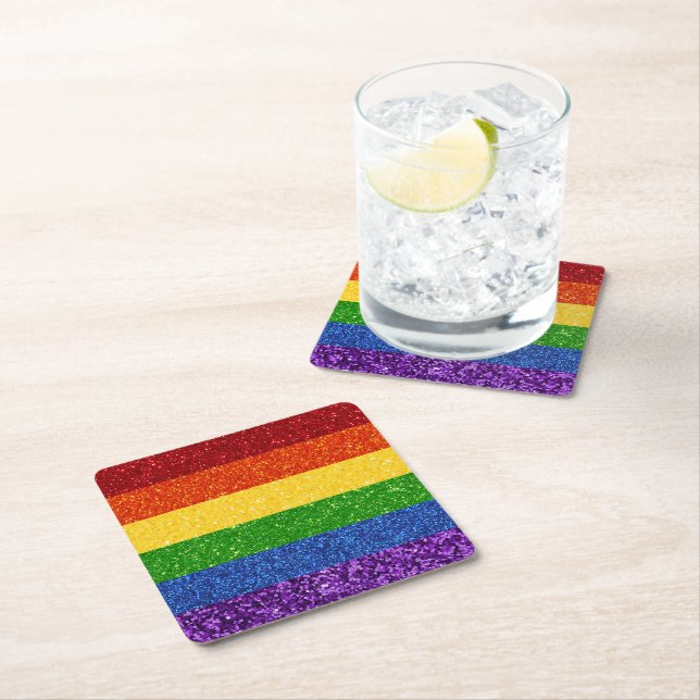LGBT Glitter Rainbow Pride Flag Square Paper Coaster (Insitu)