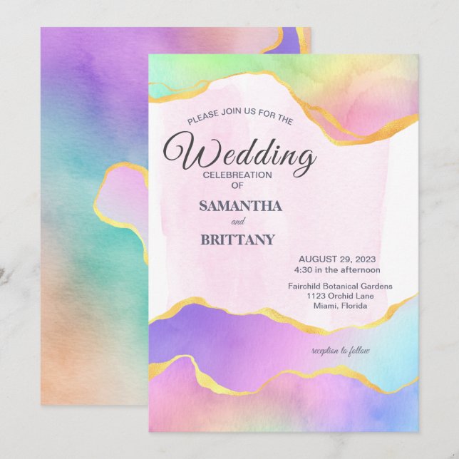 LGBT Gold & Rainbow Watercolor Wedding Invitation (Front/Back)