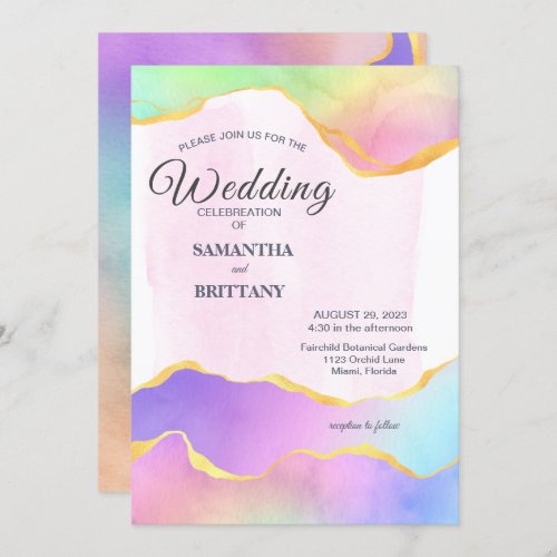 LGBT Gold  Rainbow Watercolor Wedding Invitation