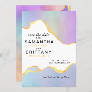 LGBT Gold Rainbow Watercolor Wedding Save the Date Invitation