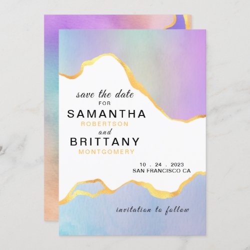 LGBT Gold Rainbow Watercolor Wedding Save the Date Invitation