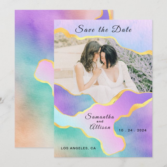 LGBT Gold Rainbow Wedding Photo Save the Date  Invitation (Front/Back)