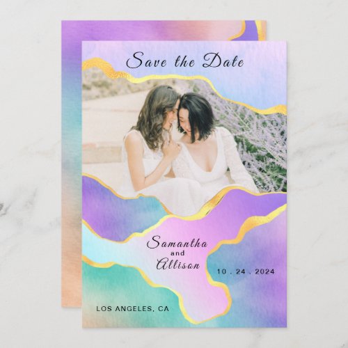 LGBT Gold Rainbow Wedding Photo Save the Date  Invitation