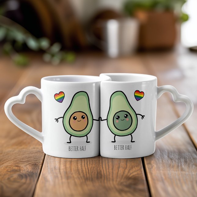 LGBT Heart Better Half Kawaii Avocado Couples Coffee Mug Set (Each mug features a half kawaii avocado with a love heart in gay pride colors to help celebrate love)