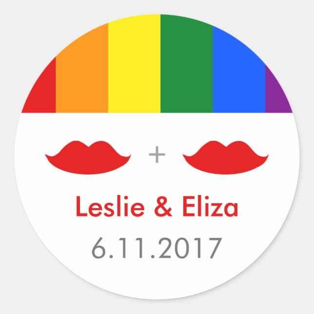 LGBT Lesbian Lips Rainbow Wedding Classic Round Sticker (Front)