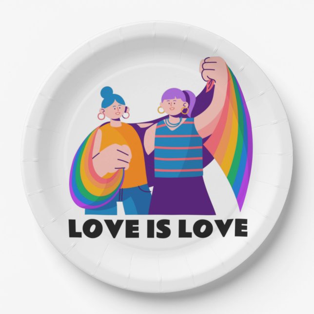 LGBT Lesbian Love Is Love Pride Girls Illustration Paper Plates (Front)