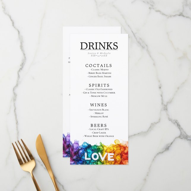 🌈  LGBT + lovely text Painted With Love wedding  Menu (Front/Back In Situ)