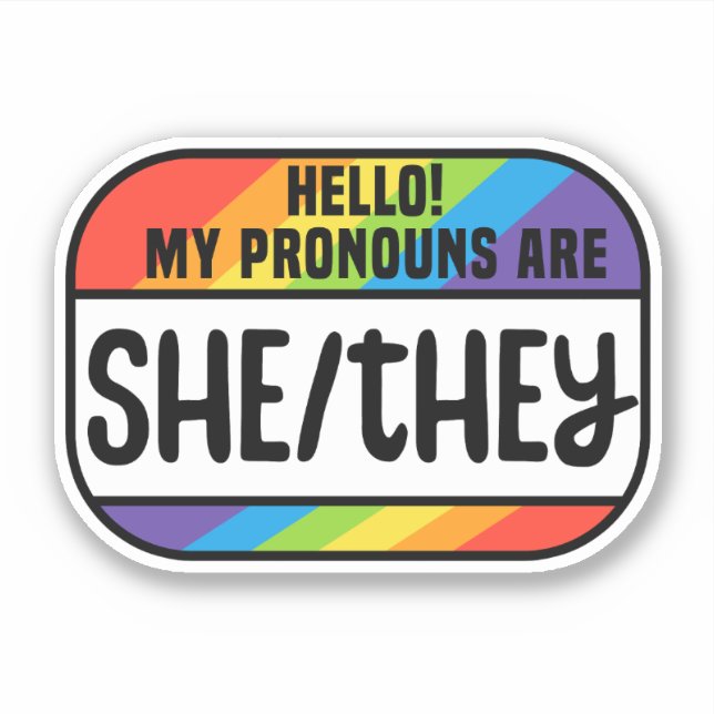 LGBT Name Tag Nonbinary Pronouns She They Sticker (Front)