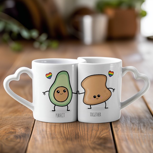 LGBT Perfect Together Kawaii Avo on Toast Couples Coffee Mug Set (Each mug features a half kawaii avocado paired with it's perfect match piece of toast.)