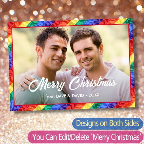 LGBT Photo Rainbow Stripe Pride Flag Couple Script Holiday Card
