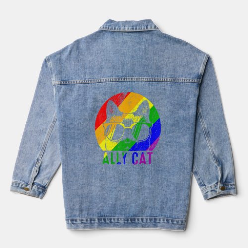 Lgbt Pride Ally Cat Rainbow  Flag Gay Lesbian Supp Denim Jacket