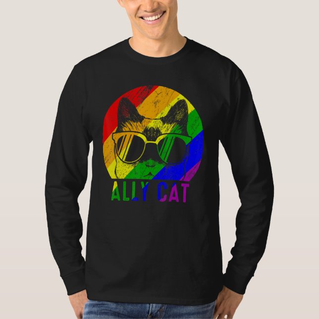 Lgbt Pride Ally Cat Rainbow  Flag Gay Lesbian Supp T-Shirt (Front)