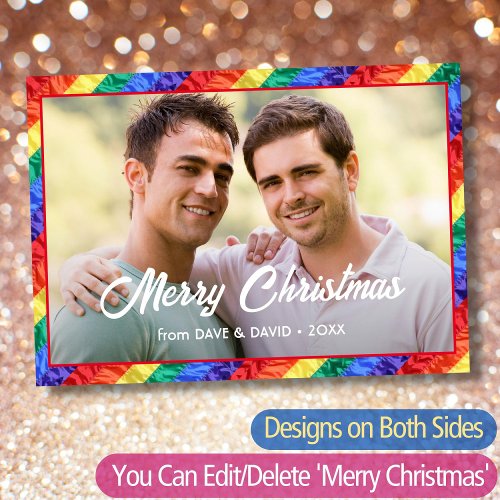 LGBT Pride Flag Rainbow Stripe Script Couple Photo Holiday Card