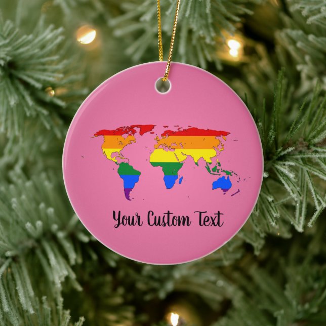LGBT pride flag with a world map Ceramic Ornament (Tree)