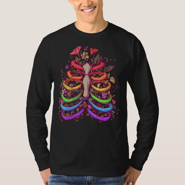 Lgbt Pride Flower Rib Cage Rainbow Skeleton Xray   T-Shirt (Front)