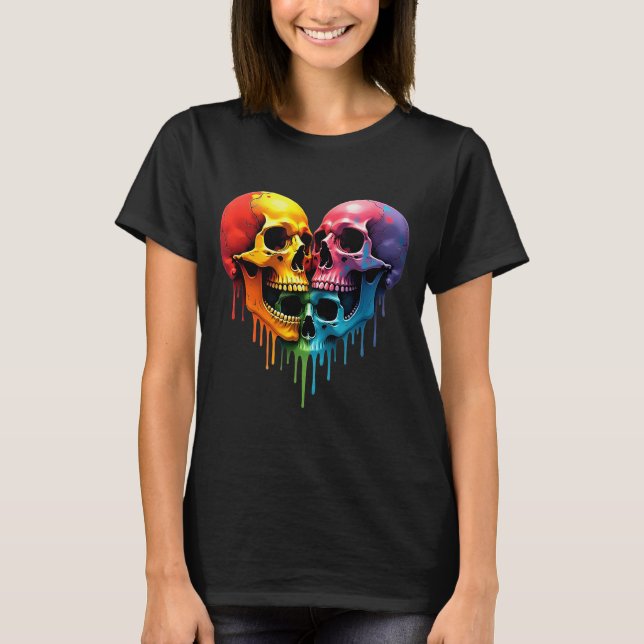 Lgbt Pride Halloween Horror Skeleton Skull Rainbow T-Shirt (Front)