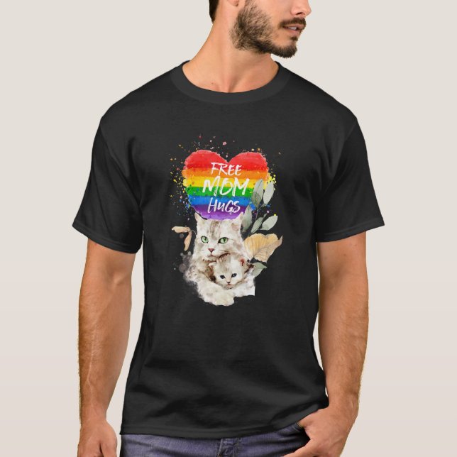 LGBT Pride Mama Cat And Kitten Free Mom Hugs Mothe T-Shirt (Front)