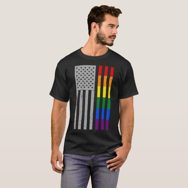 LGBT Pride Month American Flag Rainbow Colors T-Shirt (Front Full)