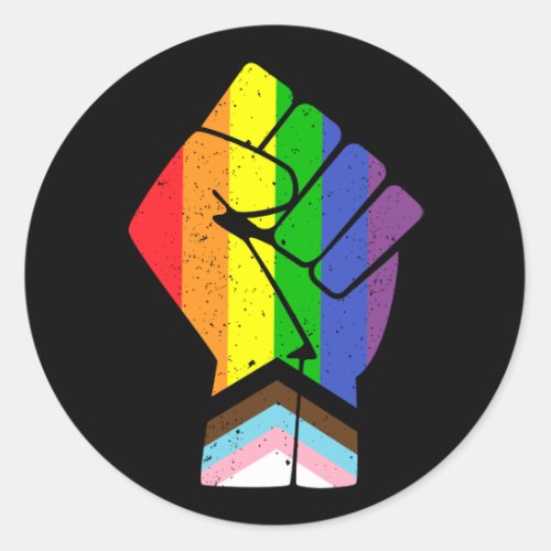 LGBT Pride Progress Flag with raised fist Classic Round Sticker
