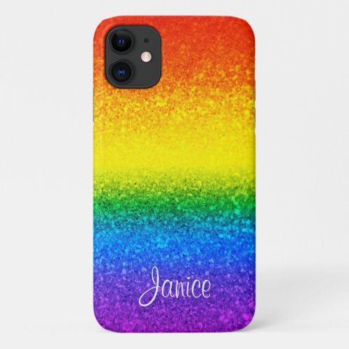 LGBT Pride Rainbow Glitter Stripes Name iPhone 11 Case