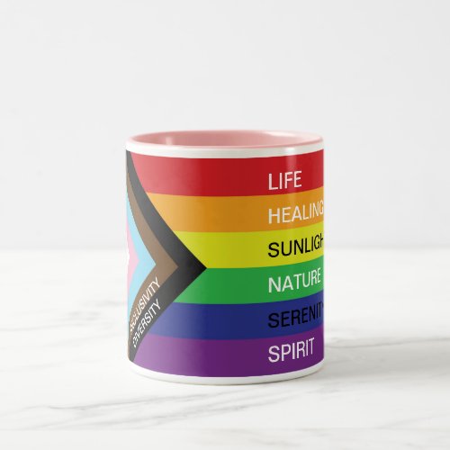 LGBT Progress Pride Rainbow flag with custom text  Two_Tone Coffee Mug