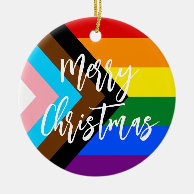 LGBT Progress Pride Rainbow Personalized Christmas Ceramic Ornament (Front)